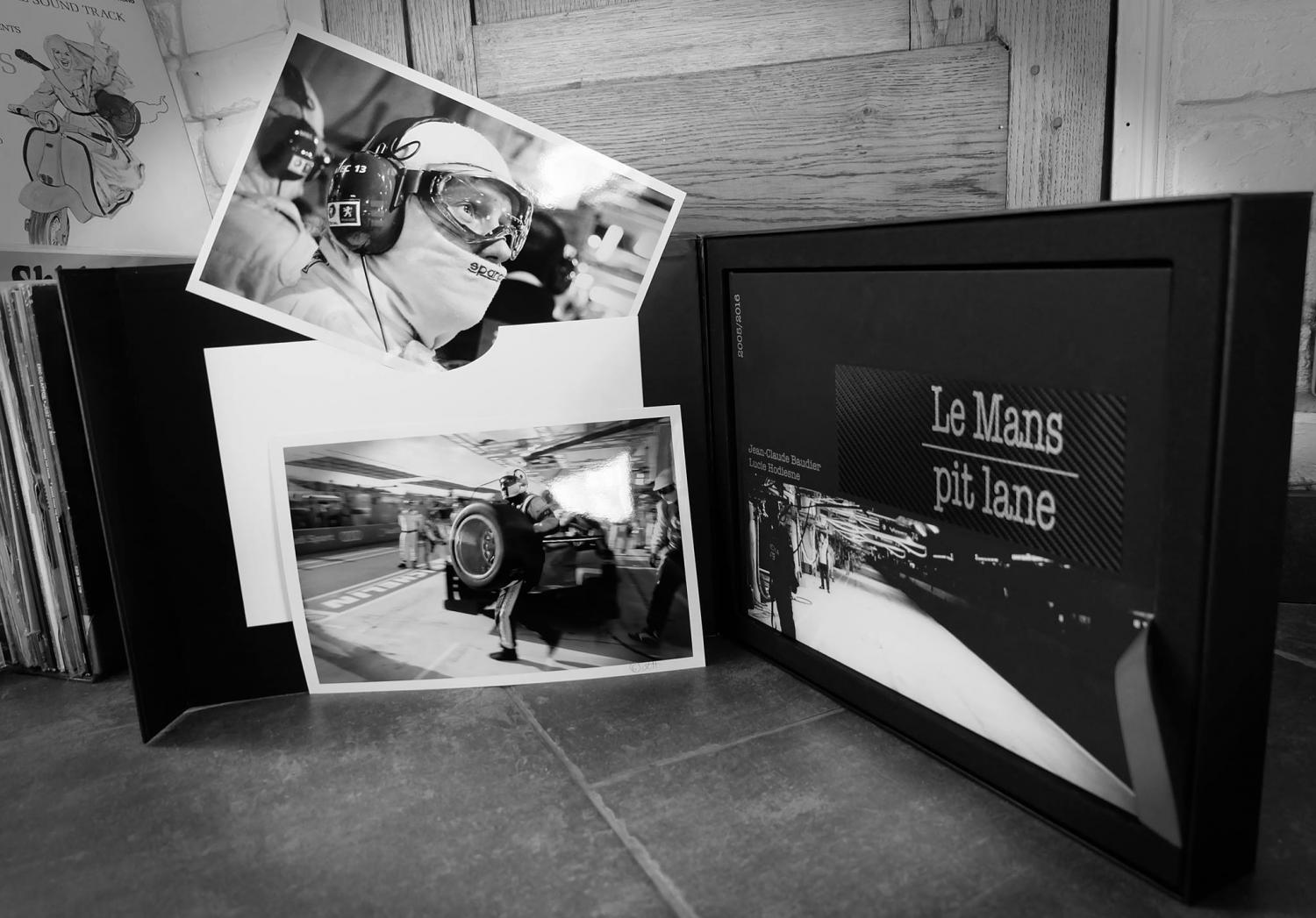 "Le Mans Pit Lane," studies of the 24 Hours of Le Mans in black and white
