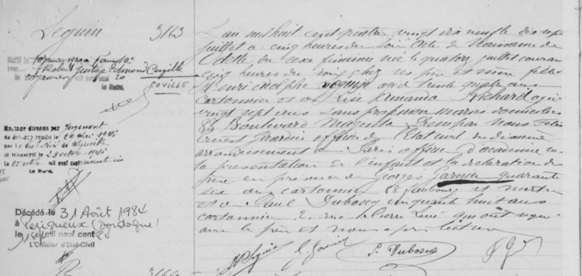 D'après l'acte de naissance, Odette Séguin nait le 14 juillet 1899 à Paris.
