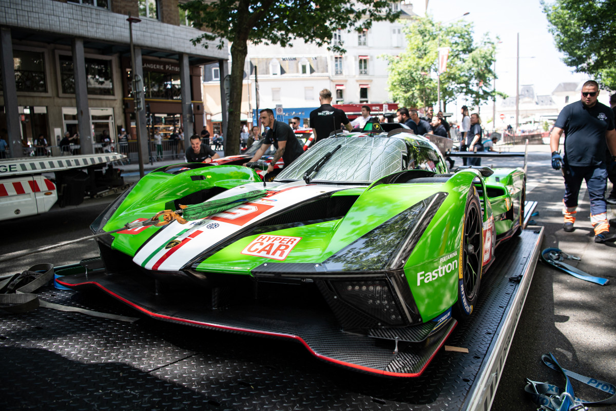 The Lamborghini SC63 #19 arrives at Scrutineering, ahead of the 24 Hours of Le Mans